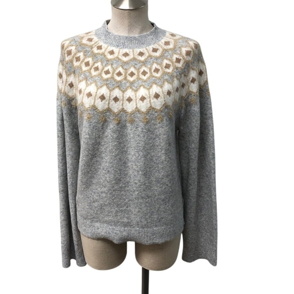 J.Crew Fair Isle Sweater Womens Medium Gray Gold Metallic Extra Soft Preppy